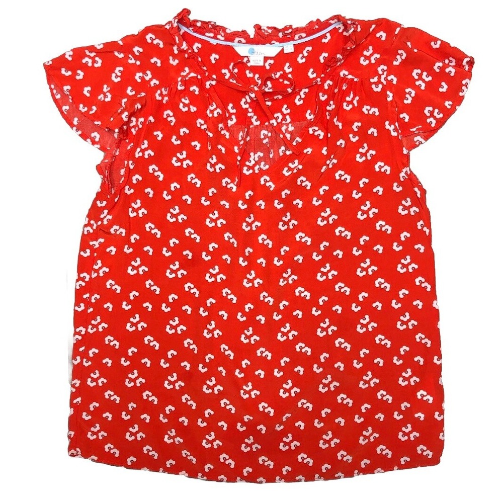 Boden Top Women's‎ 2 Red Floral Flutter Sleeve Tie Ruffle Boho Prairie